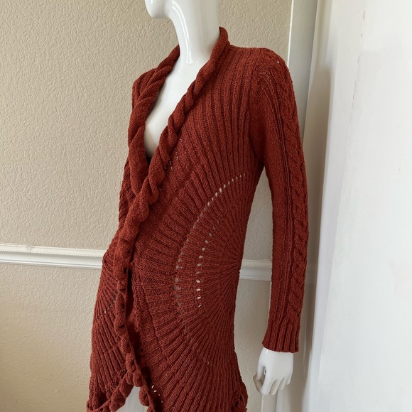 ROSIE NEIRA ANTHROPOLOGIE Rust Crochet Cotton Knit Open Longer Cardigan Duster S - Picture 3 of 7